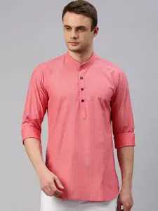Cross Court Vertical Striped Woven Design Mandarin Collar Pure Cotton Straight Kurta