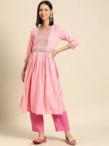 Anouk Pink Floral Embroidered A-Line Kurta