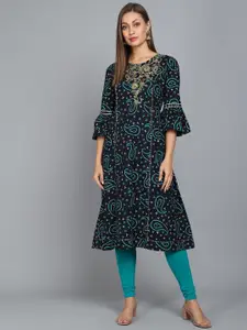 Anouk Navy Blue Bandhani Printed Bell Sleeves Thread Work A-Line Kurta