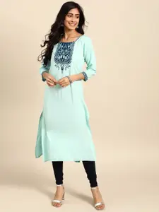 Anouk Blue Floral Embroidered Pure Cotton Straight Kurta