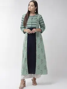 Anouk Teal Green Floral Printed Thread Work Dobby Pure Cotton A-Line Kurta