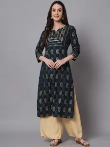 Anouk Teal Blue Ethnic Motifs Printed Straight Kurta