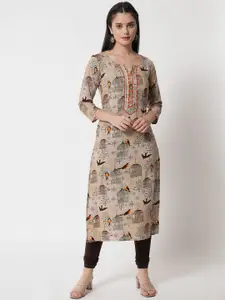 Anouk Beige Ethnic Motifs Printed Pure Cotton Straight Kurta