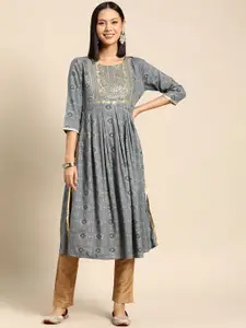 Anouk Grey Bandhani Printed Thread Work Straight Kurta