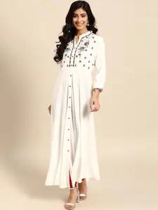 Anouk White Floral Yoke Design Mandarin Collar Mirror Work Cotton A-Line Kurta