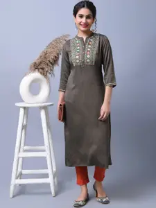 Anouk Grey Floral Yoke Design Mandarin Collar Thread Work Straight Kurta