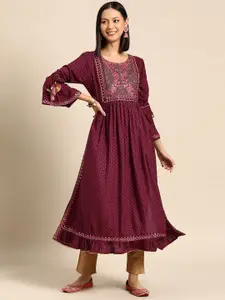 Anouk Maroon Polka Dots Printed Bell Sleeves Mirror Work Straight Kurta