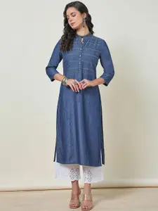 Soch Striped Yoke Design Mandarin Collar Zari Work Cotton Straight Kurta