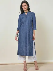 Soch Checked Woven Design Mandarin Collar Thread Work Cotton Straight Kurta