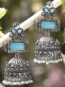 OOMPH Stone Studded & Beaded Oxidised Floral Jhumkas