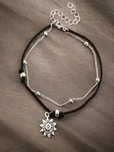 OOMPH Silver-Plated Stone Studded and Beaded Oxidised Anklet