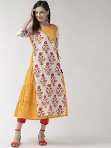 Anouk Yellow Floral Printed Pure Cotton Angrakha A-Line Kurta