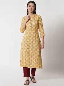 Anouk Yellow Ethnic Motifs Printed Mandarin Collar Straight Kurta