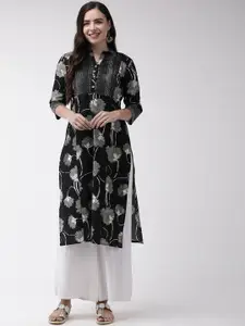 Anouk Black Floral Printed Mandarin Collar Pure Cotton Straight Kurta