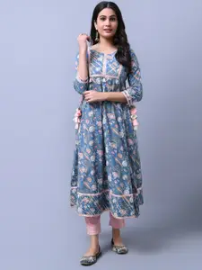 Anouk Blue Floral Printed Pure Cotton A-Line Kurta