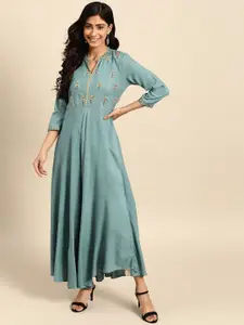 Anouk Blue Ethnic Motifs Yoke Design Mandarin Collar Thread Work Pure Cotton A-Line Kurta