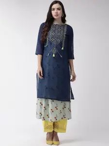 Anouk Navy Blue Floral Embroidered Boat Neck Pure Cotton Straight Kurta