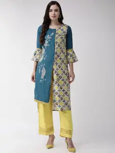 Anouk Teal Blue Printed Flared Sleeves Thread Work Pure Cotton Straight Kurta