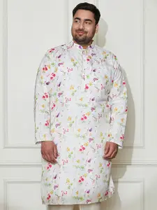 VASTRAMAY Plus Size Floral Printed Mandarin Collar Cotton Silk Straight Kurta