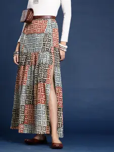 Taavi Women Pure Cotton High Slit Bagru A-Line Maxi Skirt