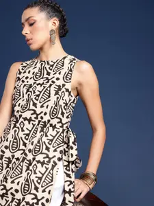 Taavi Pure Cotton Printed Straight Sleeveless High-Slit A-Line Bagru Kurta