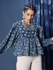 Taavi Geometric Printed Tie-Up Neck Puff Sleeves Indigo Top