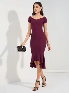 Styli Wome Bodycon High Low Hem Off Shoulder Midi Length Dress