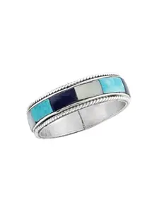 Exotic India Blue, White and Turquoise Inlay Stone Sterling Silver Ring
