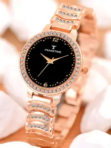 Franktime Women Brass Embellished Dial & Stainless Steel Bracelet Style Straps Analogue Watch FT-0017 BLK