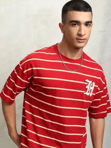 HIGHLANDER Men Multi or Variegated Striped Round Neck Cotton Oversized T-Shirt