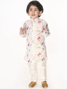 VASTRAMAY Infant Boys Floral Printed Mandarin Collar Cotton Silk Straight Kurta