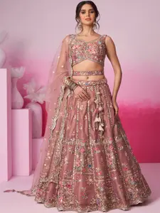 panchhi Embroidered Sequinned Net Semi-Stitched Lehenga & Unstitched Blouse With Dupatta