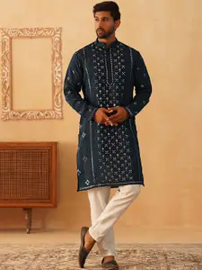 Jompers Geometric Embroidered Sequinned Straight Kurta with Pyjamas
