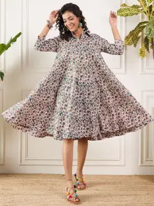 InWeave Ethnic Motif Shirt Collar Flared A-Line Dress