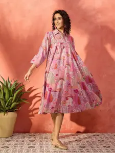 InWeave Floral Print Shirt Collar A-Line Dress