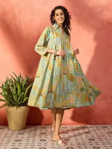 InWeave Floral Printed Shirt Collar A-Line Dress
