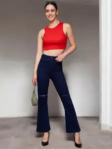 Miss Chase Women Bootcut High-Rise Slash Knee Stretchable Jeans