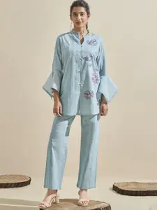 AUTUMN LANE Embroidered Cleo Softblue Mandarin Collar Pure Cotton Top With Trousers