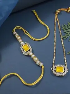 I Jewels Kundan Studded Pearl Beaded Bhaiya Bhabhi Lumba Bracelet Rakhi With Roli Chawal