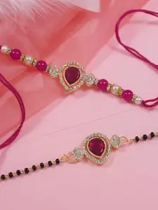 I Jewels Kundan Studded Pearl Bhaiya Bhabhi Mangalsutra Bracelet Rakhi With Roli Chawal