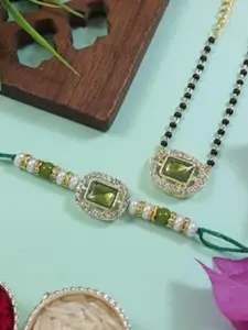 I Jewels Kundan Studded Pearl Bhaiya Bhabhi Mangalsutra Bracelet Rakhis With Roli Chawal