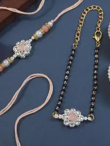 I Jewels Kundan Studded Pearl Bhaiya Bhabhi Mangalsutra Bracelet Rakhis With Roli Chawal