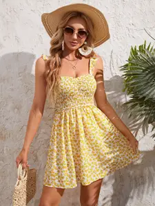 AAHWAN Floral Print Sweetheart Neck Shoulder Straps Fit & Flare Dress