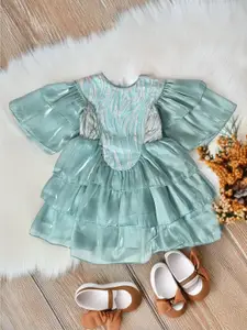 Bella Moda Girls Embellished Satin Flutter Sleeves Fit and Flare Dress