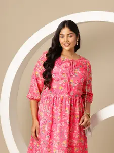 Sztori Plus Size Floral Print Tie-Up Neck A-Line Dress