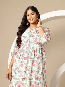 Sztori Plus Size Ethnic Print Keyhole Neck Mini Dress