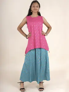 KiddoPanti Girls Floral Printed Sleeveless A Line Kurta with Skirt