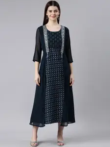 Neerus Round Neck Geometric Thread Work Georgette A-Line Kurta
