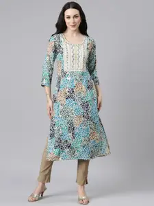 Neerus Round Neck Floral Printed Straight Kurta