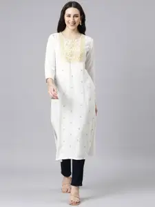 Neerus Round Neck Floral Embroidered Straight Kurta